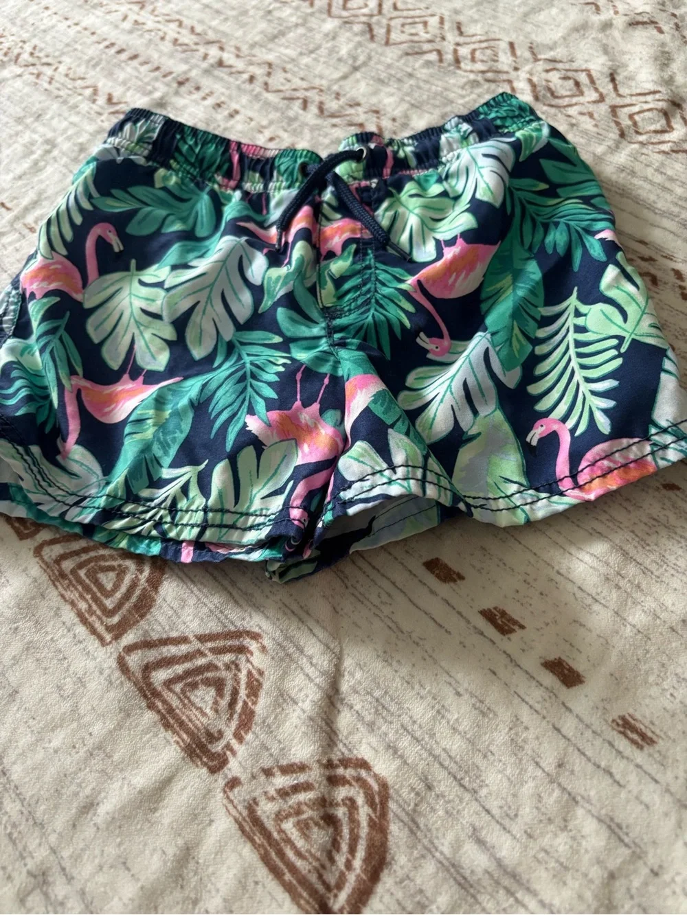 Boys’ Tropical Flamingo Print Swim Shorts - Navy with Pink & Green